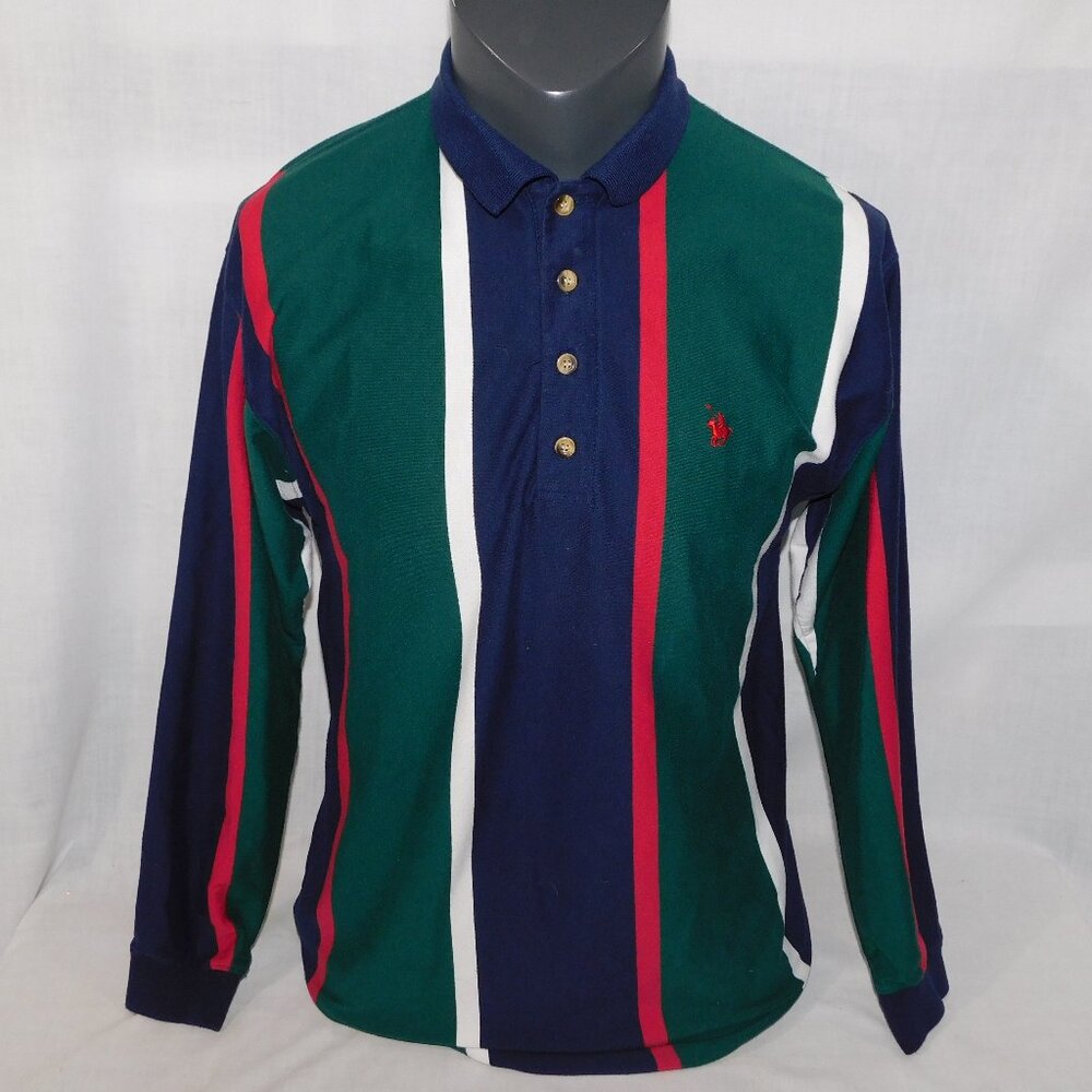 VTG Knights of Round Table Striped Long Sleeve Polo shirt Red Green mens M